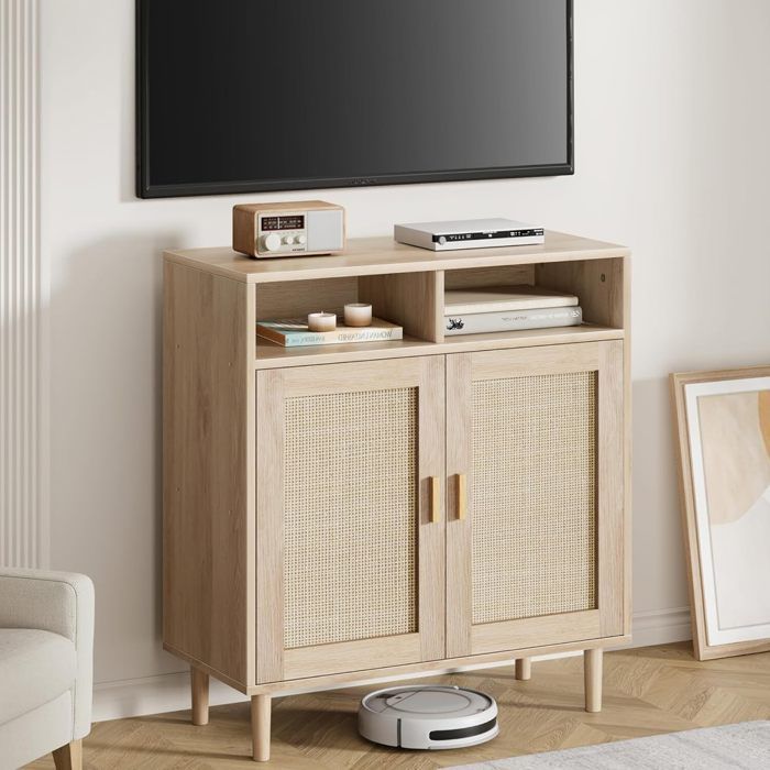 Buffet de Cuisine - PROMIRACAL - Buffet Rotin Naturel - 92cm Hauteur - Multi-usage - Style Scandinave