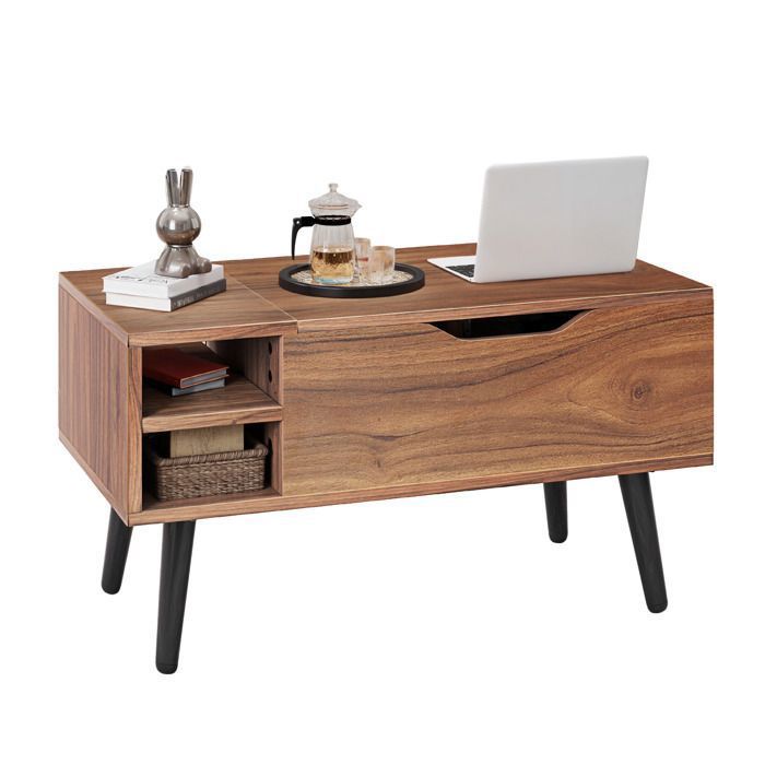 BALCONERA Table basse relevable à ressort avec rangement caché étagère réglable – Chêne rustique 80x40x43.5 cm