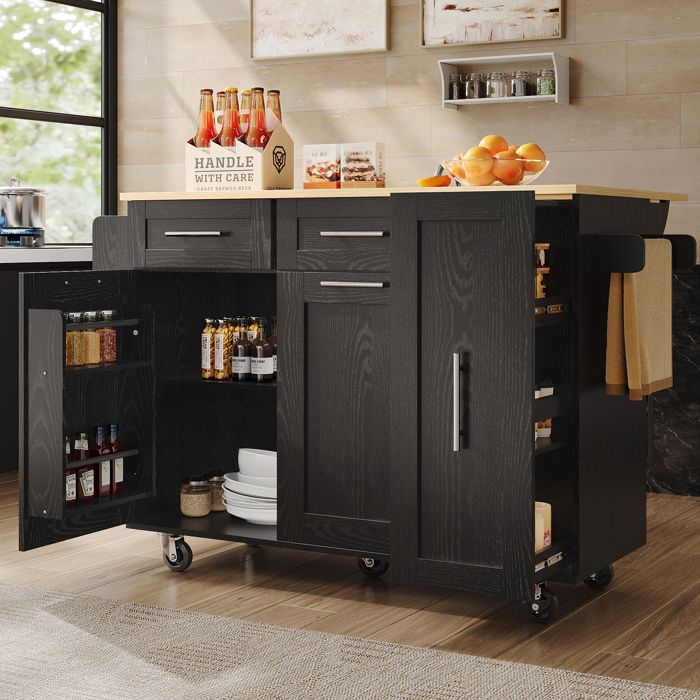 Buffet de Cuisine Noir MultifonctionArmoire de Rangement2 Portes 5 Tiroirs110x45-75x92cmChariot à Roulettes pour Cuisine Salon