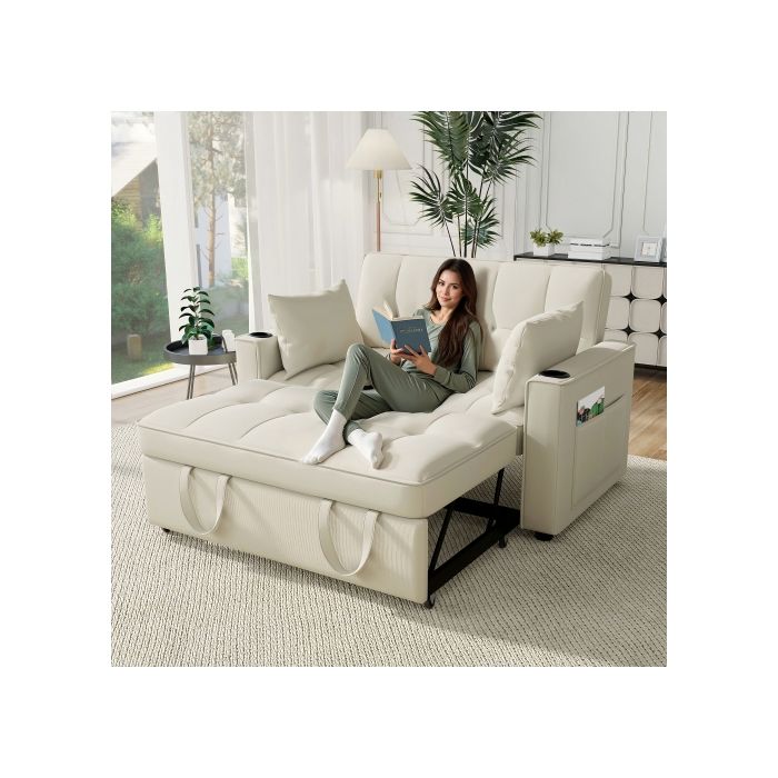 Canapé Convertible 1 Place Avec Fonction Couchage - Velours Beige, Ports USB, LED, Porte-gobelets, Design Moderne Pour Salon/chambre