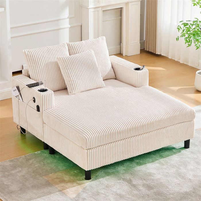 DRIPEX Canapé Chaise Longue avec porte-boissonsports USB et éclairage LEDFauteuil lit Paresseux en Velours Côtelé Beige