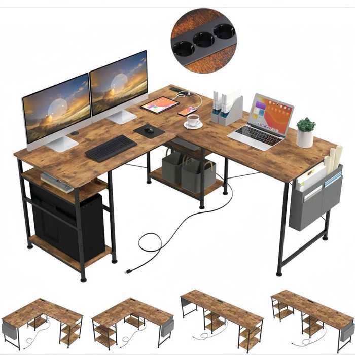 Bureau en L avec étagères de rangement coin rabattable pour petits espaces grande table de jeu avec plateau en P marron