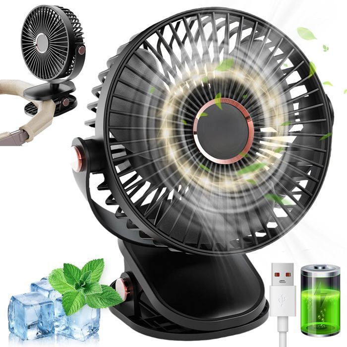 Ventilateur Pince Petit Ventilateur de Bureau 1200 mAh Mini Ventilateur USB Silencieux 3 Vitesses Rotation 720° (Noir) ODIPIE - Odipie