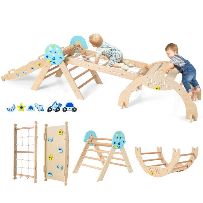 Triangle dEscalade COSTWAY Jouet Montessori 8 en 1 Aire de Jeux Intérieur à Thème Planètes en Bois Massif Naturel