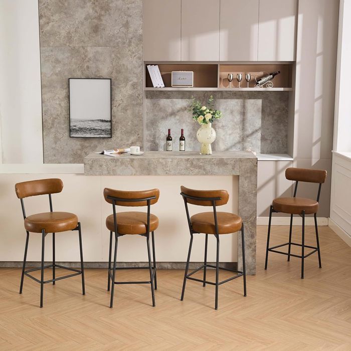 Lot de 4 Tabourets de Bar - Chaise de Cuisine - avec Dossier et Repose-pieds -Style Industriel - Marron Rustique et Noir