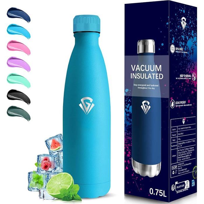 Gourde isotherme 750 ml en inox sans BPA réutilisable maintient le froid 24h et le chaud 12h bleu ciel GOURDE