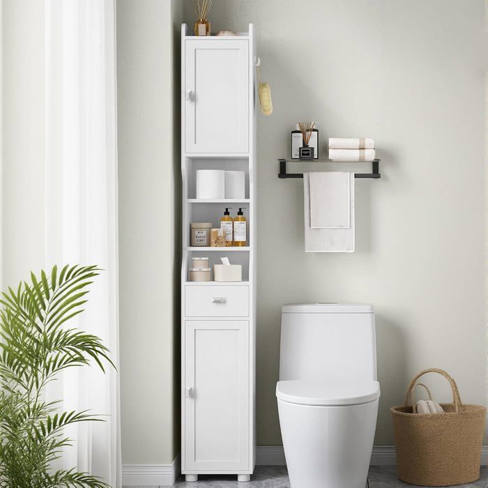 Meuble de Salle de Bain ÉtroitMeuble de Rangement Haute avec 2 Portes et 1 Tiroir Étagère Réglablepour Salle de BainSalonBlanc