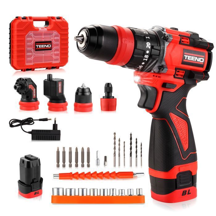 Kit perceuse-visseuse sans fil - TEENO - 18 V Brushless - Système Multi-Têtes - 45 Nm - 2 vitesses