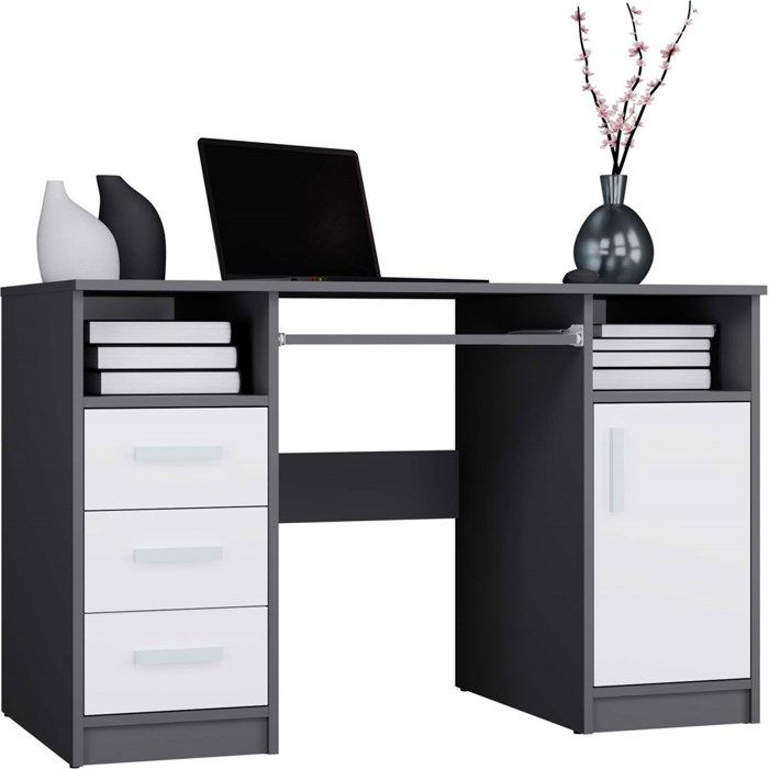 DELTA - Bureau 120cm 3 tiroirs avec armoire et étagères pour bureau / chambre - Anthracite & blanc