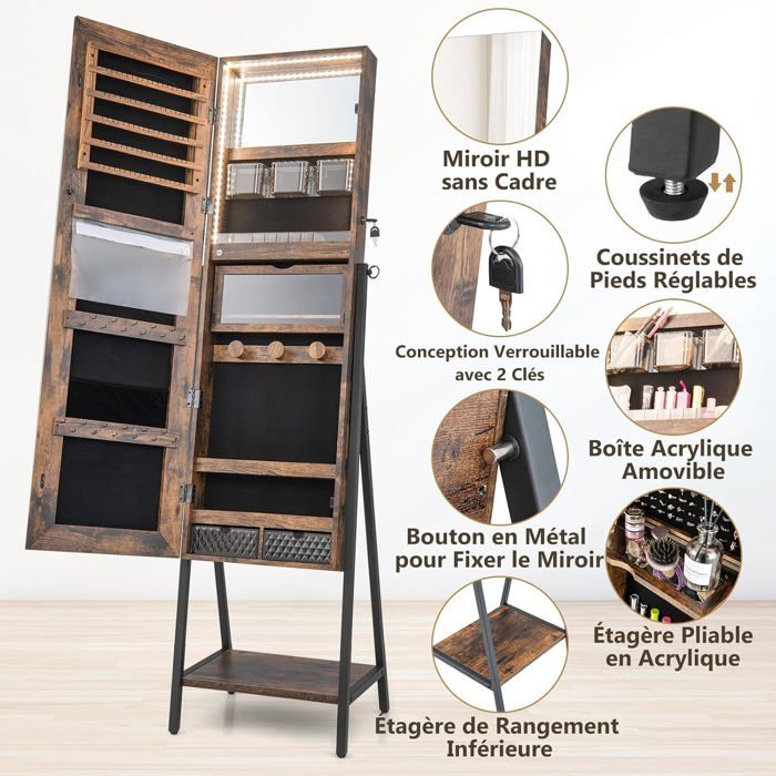 GIANTEX Armoire à Bijoux sur Pied avec Miroir sans Cadreavec SerrureLumières LED 3 CouleursMiroir IntérieurCadre en FerBrun