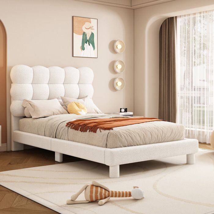 Lit simple blanc 90×200 cm tête de lit rembourrée réglable 3 positions structure MDF stable