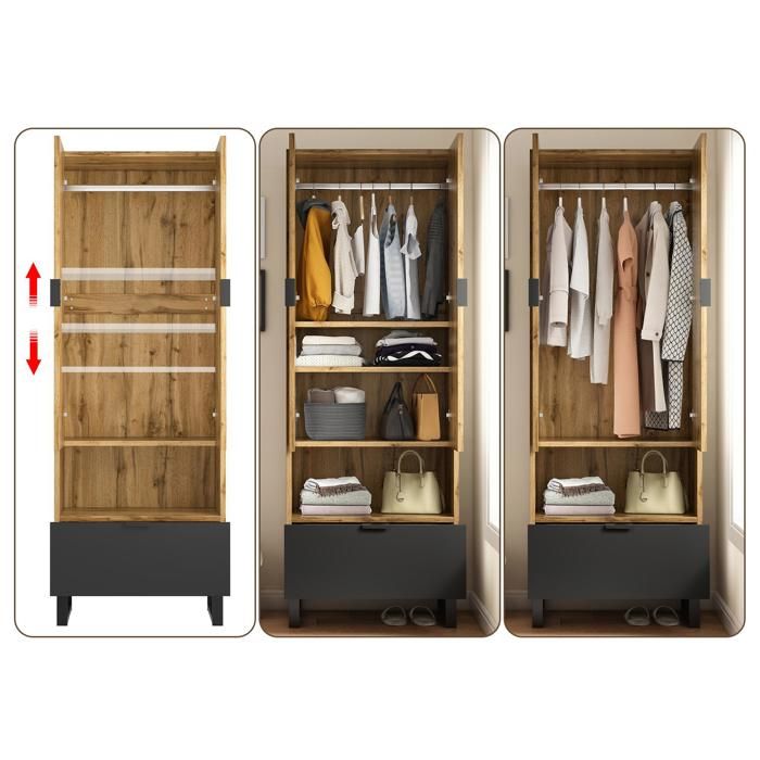 Armoire-penderie dentrée - 180x65x38 cm - 1 tiroir - Étagères réglables - Tringle à vêtements - Compartiment ouvert