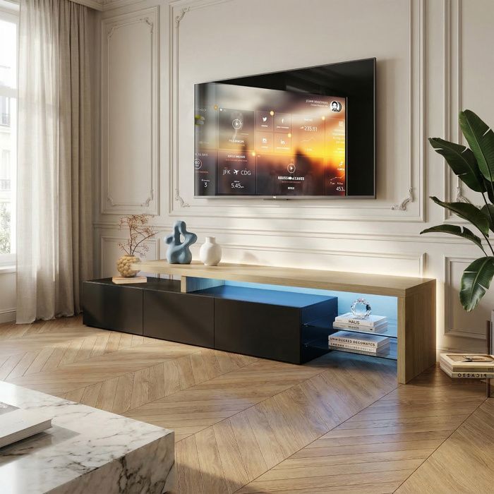 Meuble TV - Élégance - Noir laqué - 200 cm - Éclairage LED intégré