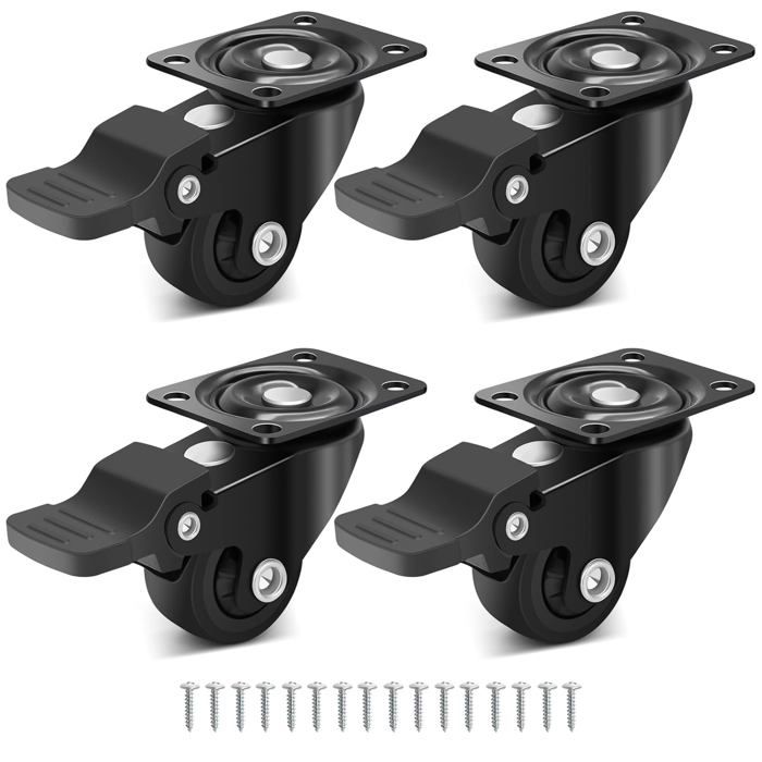 Roulettes Pivotantes Silencieuses 25mm pour Meubles - 4 Freins Charge Max 45kg - En Caoutchouc Noires
