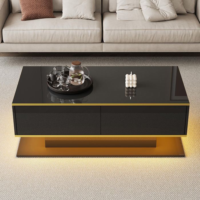 Table basse LED - Moderne brillante 100x50 cm - 3 tiroirs - Bandes LED USB réglables - Ornements dorés