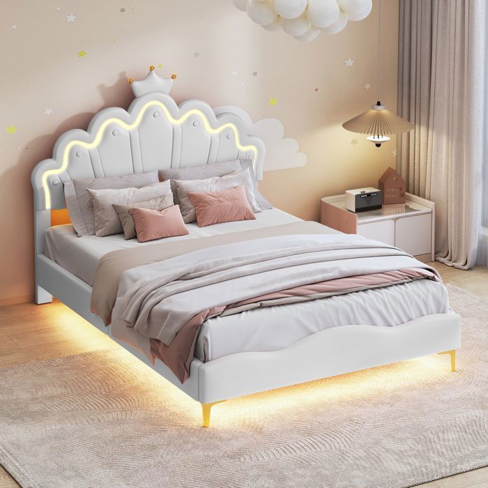 Lit princesse couronne140x200Lit enfant Lit pour enfant avec LED FilleLit double rembourré capitonnéavec Sommier à LattesBlanc