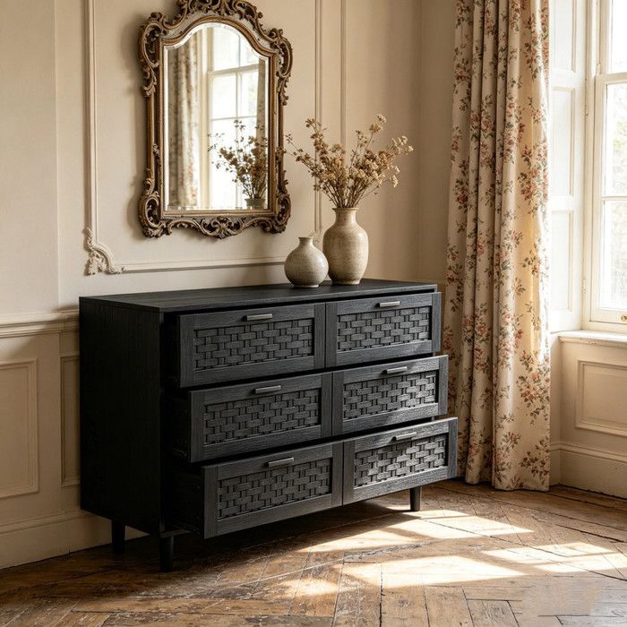 MSUIINT Commode 6 tiroirs meuble de rangement avec tissage en rotin dim. PVC tressé115L x 40l x 80H cm Noir