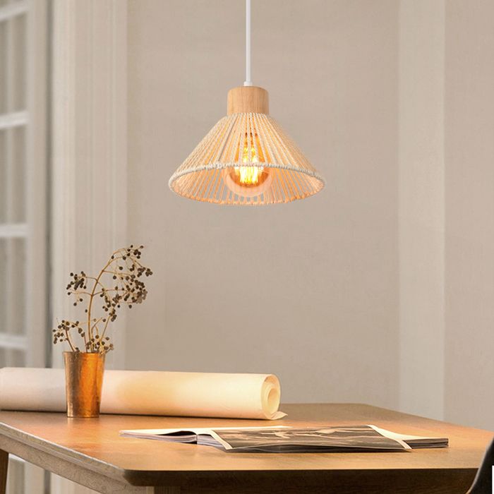 1 x Suspension Luminaire en Rotin Beige et Bois Vintage Ø22CM Plafonnier Lustre Style Bohème pour Salon Cuisine - SMOTOP