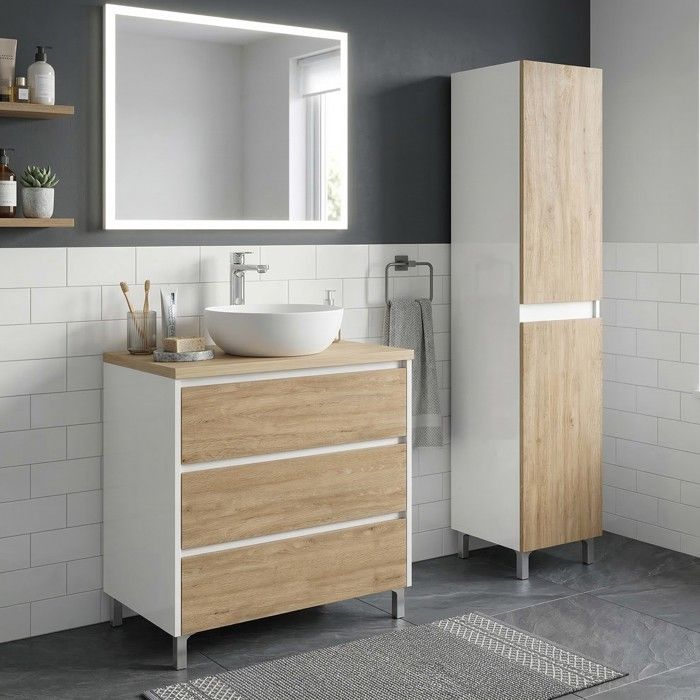 Ensemble meuble vasque à poser L.60cm + 1 colonne sur pied Blanc laqué 3 tiroirs Chêne naturel LISBONA Ensemble meuble vasque à poser L.60cm + 1 colonne sur pied Blanc laqué 3 tiroirs Chêne naturel LISBONA