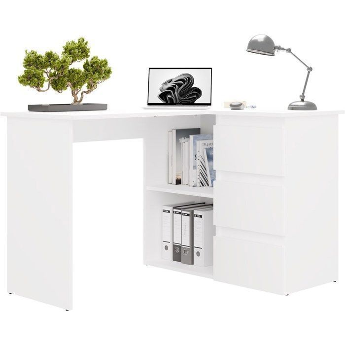 NICEA - bureau dangle avec rangement - 3 tiroirs + 2 etagères - 120x485x75 cm - bureau dordinateur - Blanc