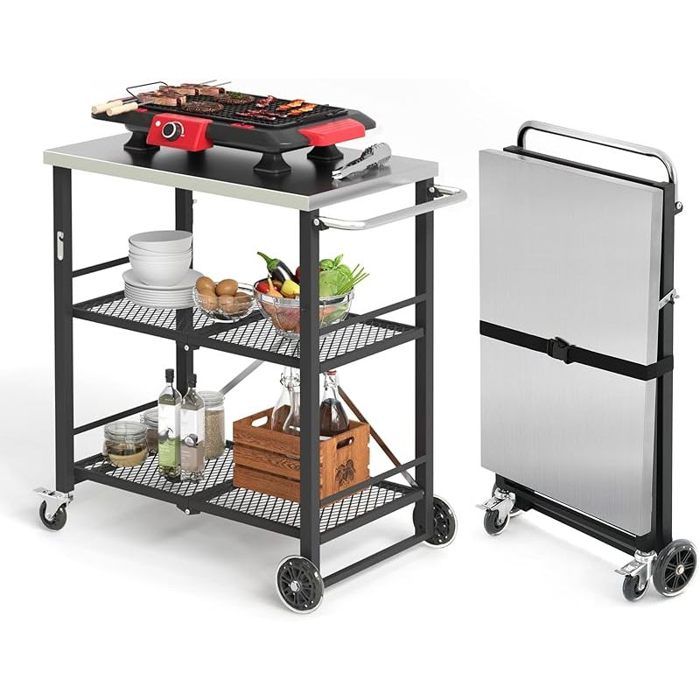 Desserte JardinChariot de Barbecue 2 NiveauxDesserte Extérieur pour Barbecue avec 4 roulettes Verrouillables e Noir