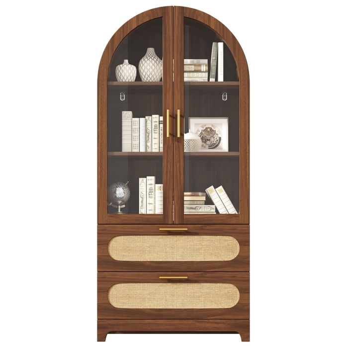 Buffet Vitrine avec 2 Portes en Verre et 2 Tiroirs Bibliothèque Meuble de Salon avec Plafond voûté et Motif ondulé 175x80x40cm