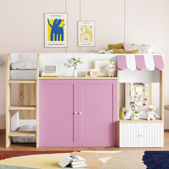 Lit Superposé Enfant 90x200 cm 2 Portes Espace de Rangement Sommier à Lattes Blanc et Rose