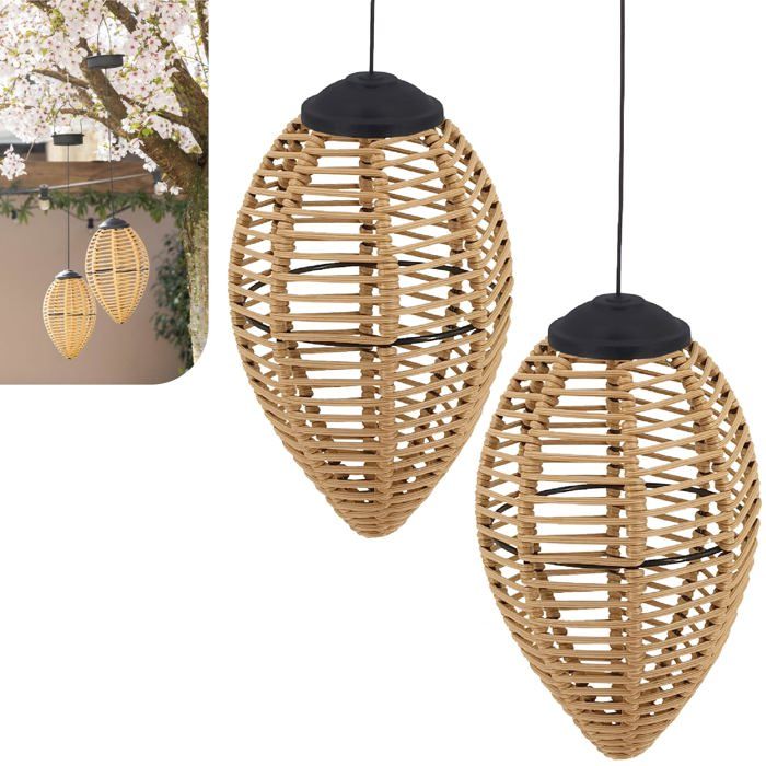 Lot de 2 Lanternes Solaires Suspendues Effet Rotin – Lampes LED Extérieures Étanches pour Jardin Terrasse & Balcon – Éclairage So