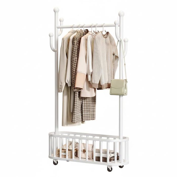 Garvee Portant vêtements métal blanc robuste sur roulettes étagère+4 crochets. Pour chambre/entrée/dressing/buanderie. 100 cm