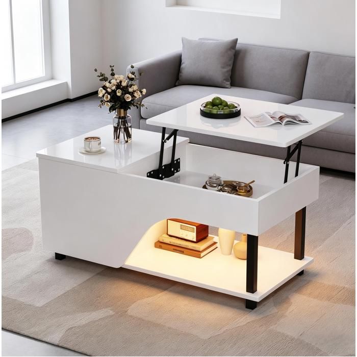 Table basse relevable blanche brillante 100 x 50 x 46 cm avec rangement caché étagères latérales réglables et LED USB