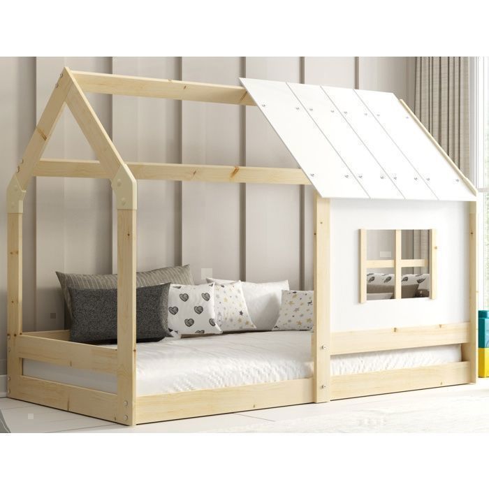 Lit Cabane 80x160 cm Enfant Montessori en Bois Massif avec Toit et Fenêtre - Sommier à Lattes Inclus - Naturel Lit Cabane 80x160 cm Enfant Montessori en Bois Massif avec Toit et Fenêtre - Sommier à Lattes Inclus - Naturel