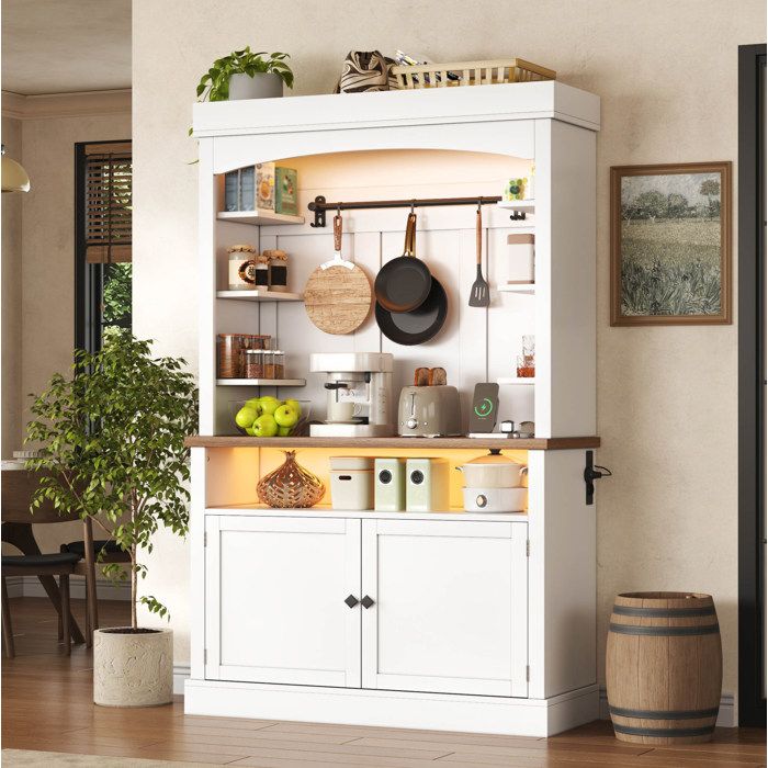 WOVREO Colonne de cuisine 106x43x183 cm avec LED RGB prises AC USB rangement MDF blanc