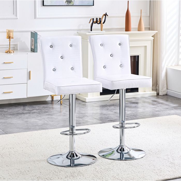 Chaise de bar lot de 2 réglable en hauteur avec repose-pieds - ELVMI - aspect crocodile boutons cristal PVC blanc