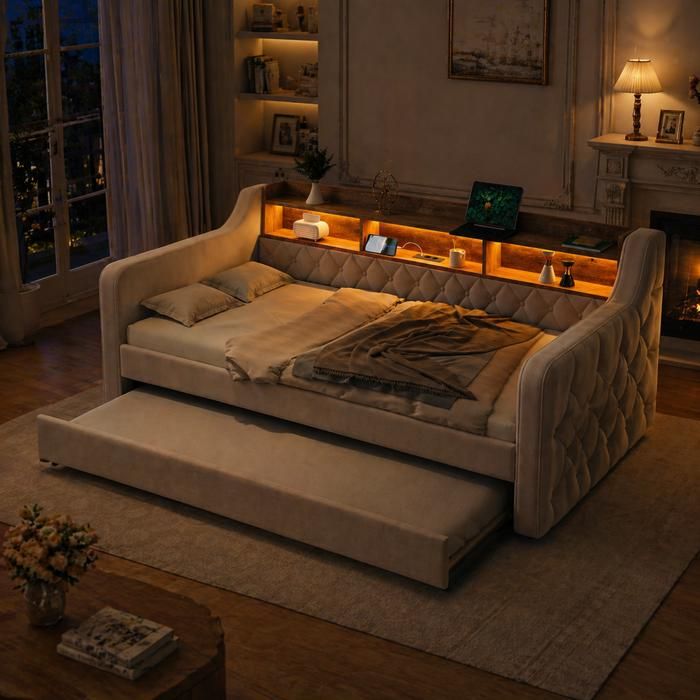 Lit de jour convertible - KOMHTOM - 90x190 cm - Velours beige - Grand rangement intégré - LED & USB‑C