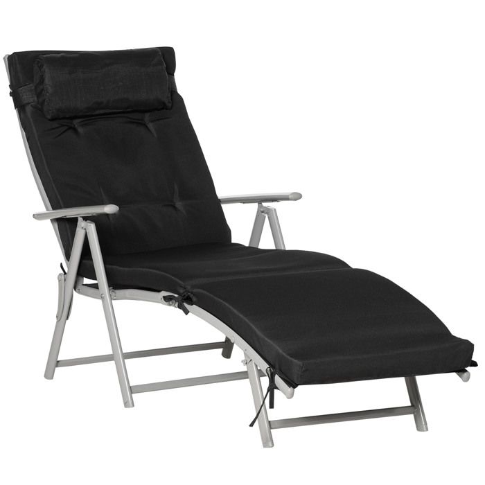 Chaise longue pliante noire extérieur avec dossier réglable 7 positions structure en métal et textilène