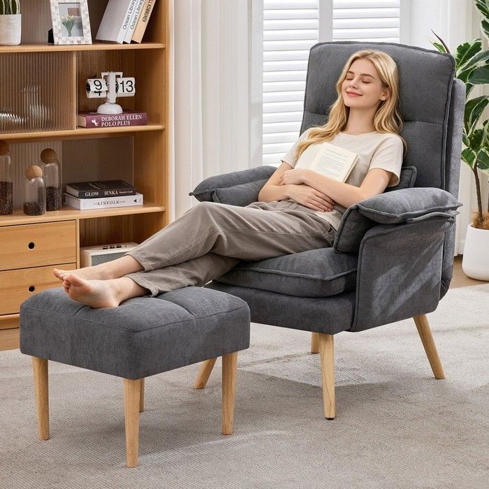 Fauteuil relax - MINIMAL - 1 place - Tissu lin gris - Dossier inclinable 5 positions - Repose-pieds Fauteuil relax - MINIMAL - 1 place - Tissu lin gris - Dossier inclinable 5 positions - Repose-pieds