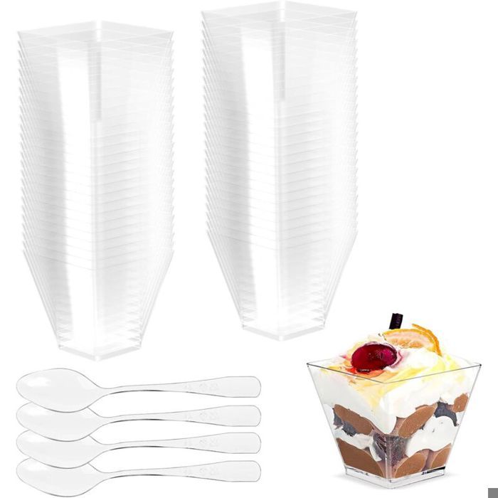 Lot de 50 tasses à dessert 60 ml avec 50 cuillères – Plastique transparent réutilisable – Pour mousse gelée tiramisu et b