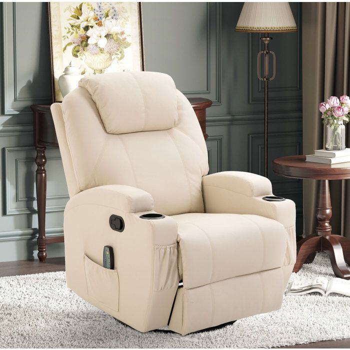 Fauteuil Massant Électrique 1 Place Inclinable 165° Pivotant 360° - ELVMI - Balancelle avec Télécommande Simili Cuir Blanc Crème