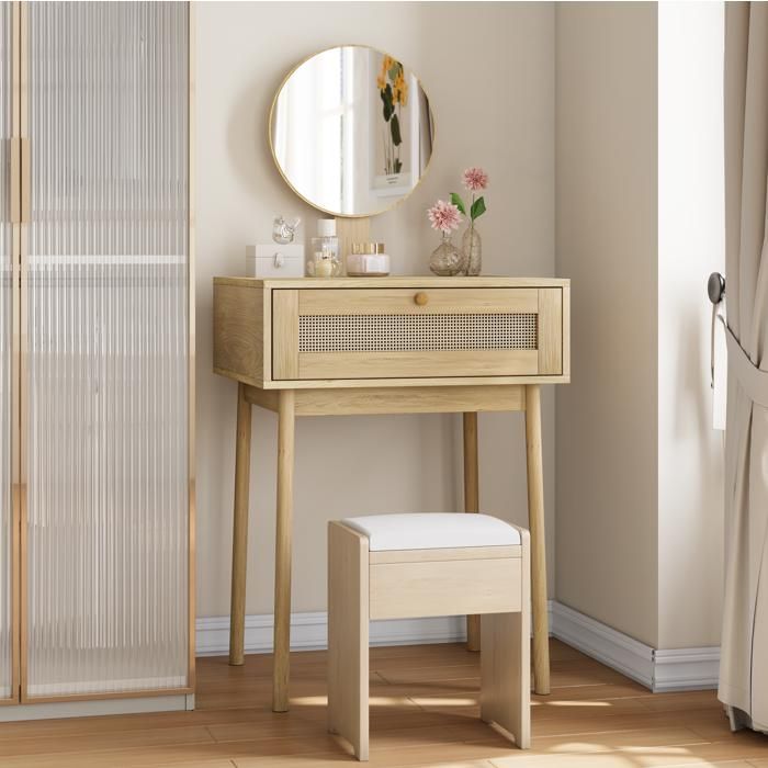 Coiffeuse avec miroir rond 60 x 50 x 128 cm style boheme aspect chene clair avec 1 tiroir sans chaise