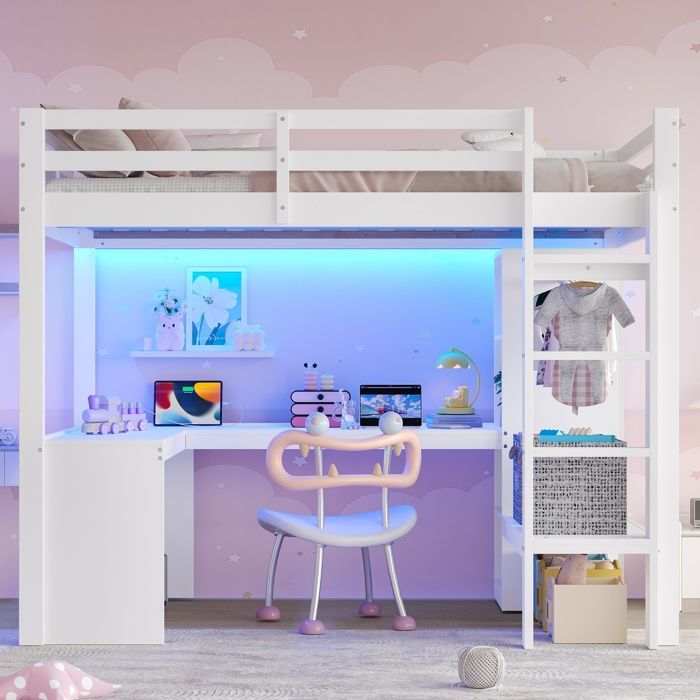 Lit mezzanine enfant 90x200cm Lit simple en bois avec bureau éclairage LED port USB étagères de rangement amoire ouvert - blanc