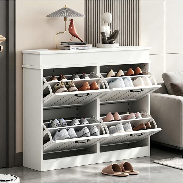 Meuble à chaussures 105 x 24 x 83 cm 4 portes abattantes 8 étagères MDF blanc poignées noires