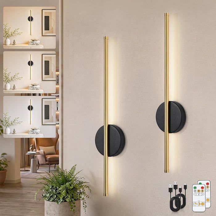 4400mAh Applique Murale Intérieure à piles 60CM Noir et Or Lampe Murale Sans Fil Rechargeable USB C Noire et Dorée*2