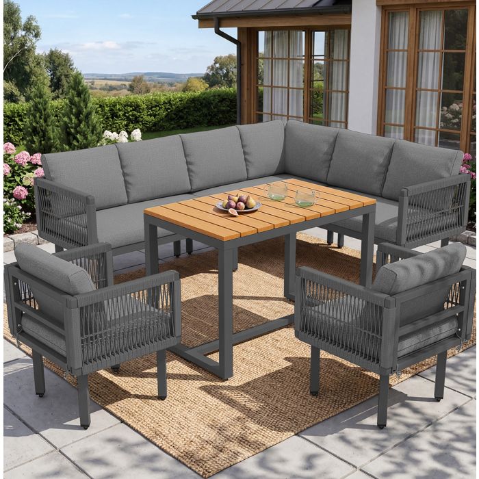 Salon de jardin bas avec canapé d’angle 2 fauteuils et table basse - LPOSPI - métal et bois composite - gris