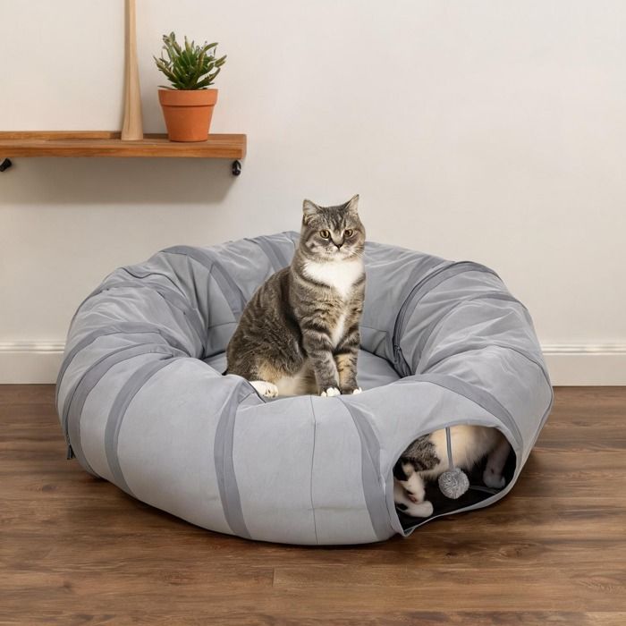 Tunnel rond pour chat en tissu suède gris avec coussin et ouvertures pliable pour salon Ø 90 x 27 cm