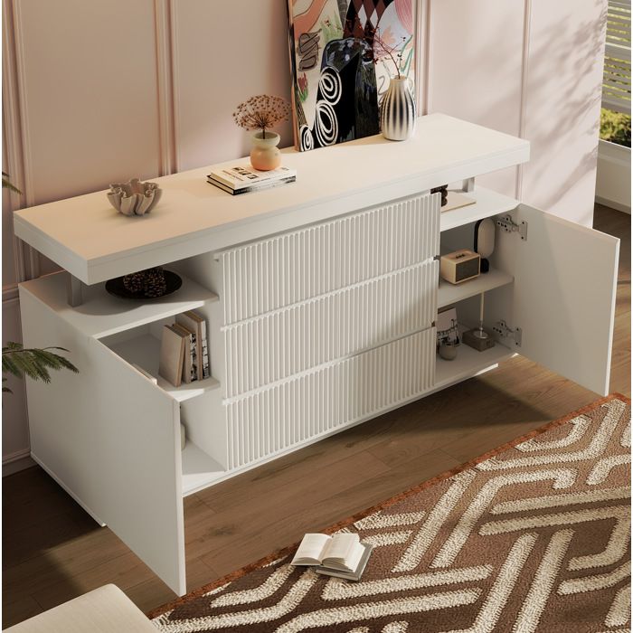 Buffet LED En Bois Blanc Bahut Moderne FloraGrace Pour Salon Ou Entree Facile A Assembler 150x40x78cm