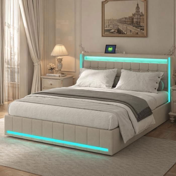 Lit double 140x200 cm avec 4 tiroirs de rangement Tête de lit Ports USB et Type C Lit coffre avec sommier Tissu lin Beige