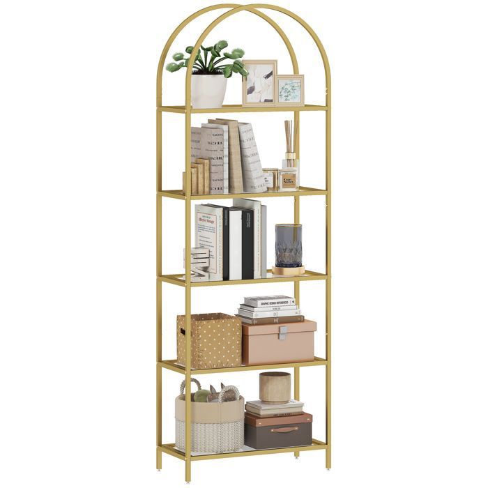Étagère de rangement 5 niveaux plateaux en verre trempé et cadre acier arqué salon bureau 60 x 30 x 175 cm doré