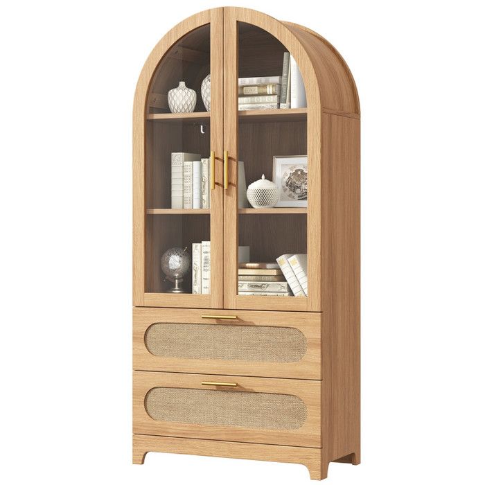 Vitrine bibliothèque rétro style Montmartre 175×80×40cm aspect chêne avec arche décorative 2 tiroirs et étagères réglables