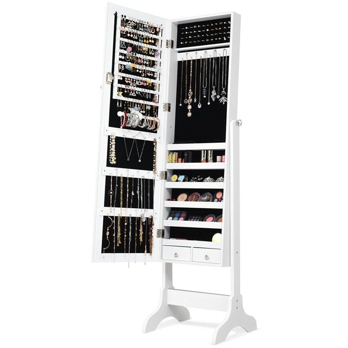 Armoire à bijoux miroir sur pied rangement verrouillable sécurisé inclinable 4 positions en MDF blanc pour chambre