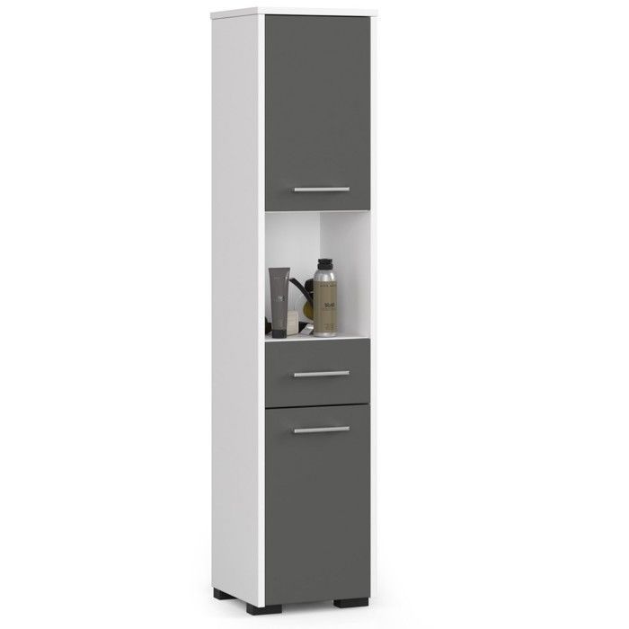 Colonne salle de bains AKORD FIN Blanche 30 cm 2 portes 1 tiroir façade Gris Graphite 5 étagères 30x30x140 cm
